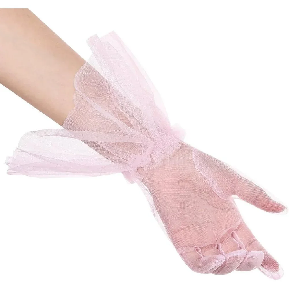 Women's Puffy Ruffle Pink Tulle Sheer Mesh Party Prom One Size Short Gloves